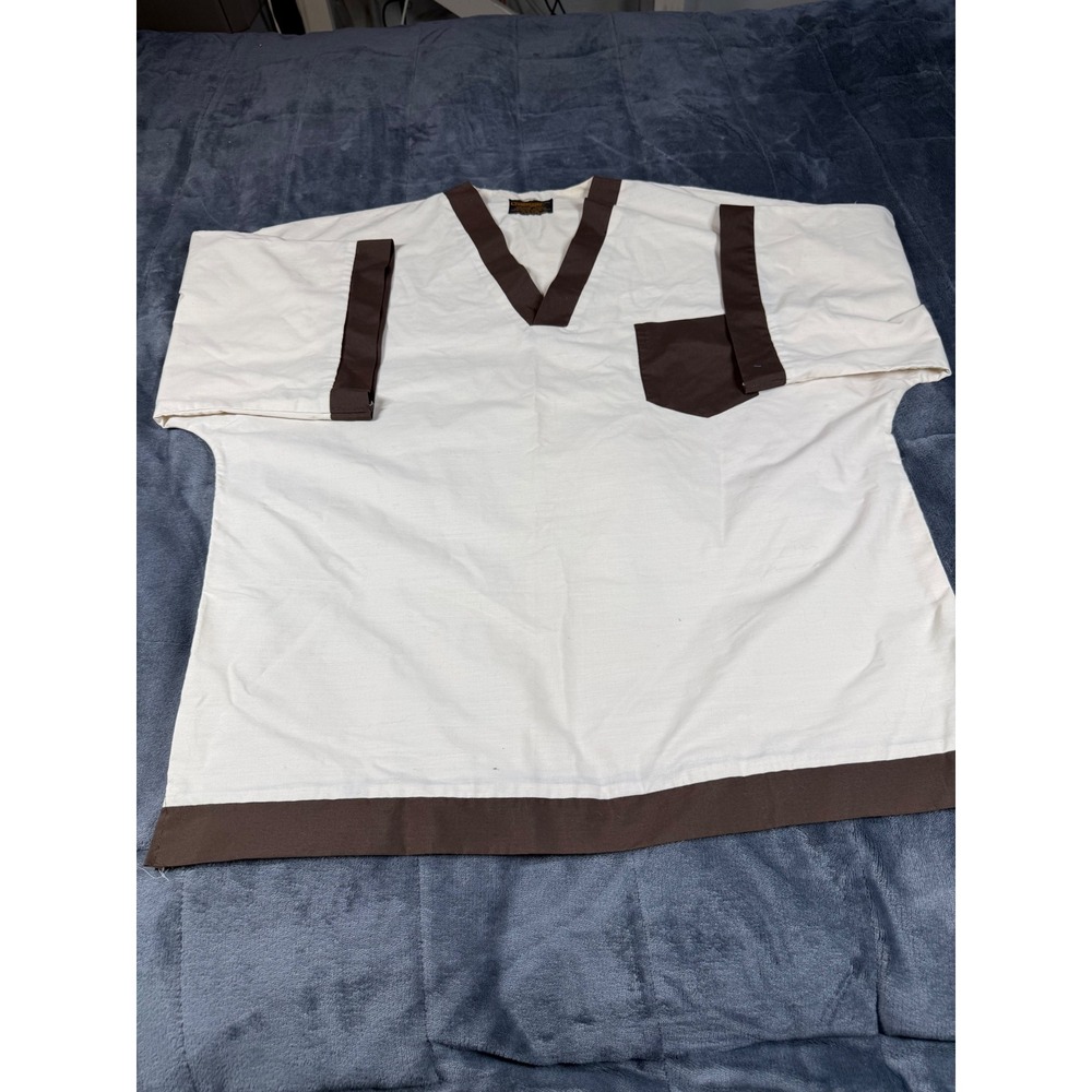 Vintage Challenger Mens V-Neck Pullover‎ Shirt White Brown Contrast Trim Size S